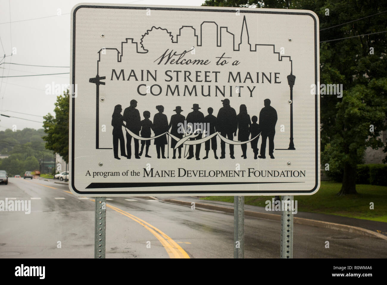 welcome to main street Maine community sign Augusta Stock Photo