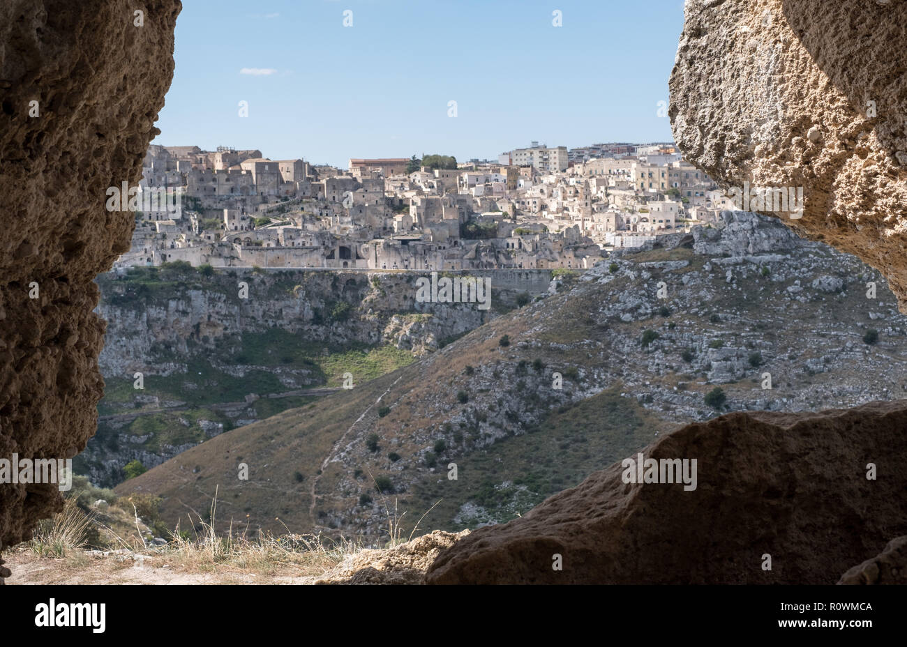 Panorama of houses built into the rock in the cave city of Matera