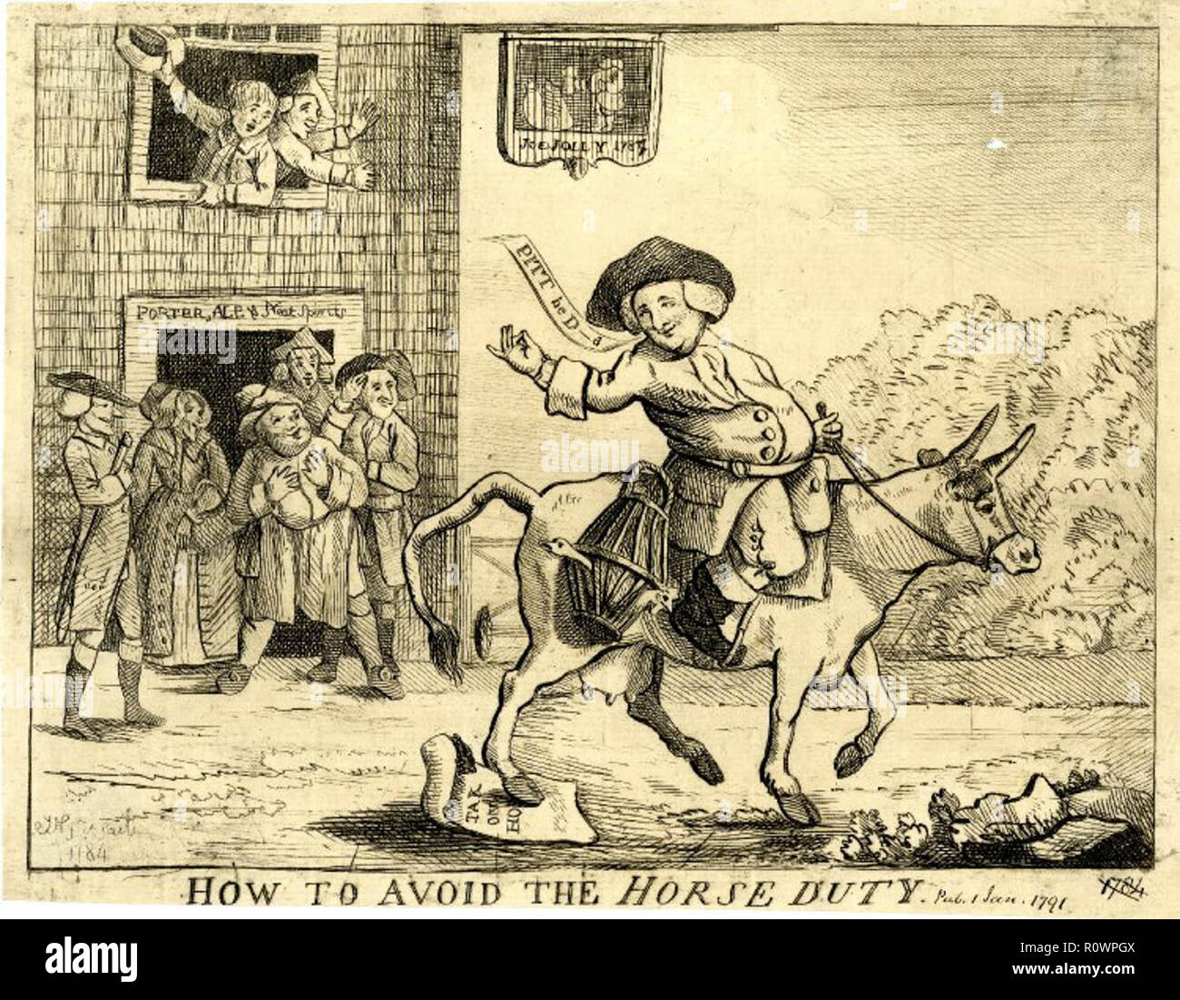 A satirical print from 1784 of Jonathan Thatcher a Cheshire farmer riding his cow to Stockport market in protest at Pitt the Younger's 1784 budget ...