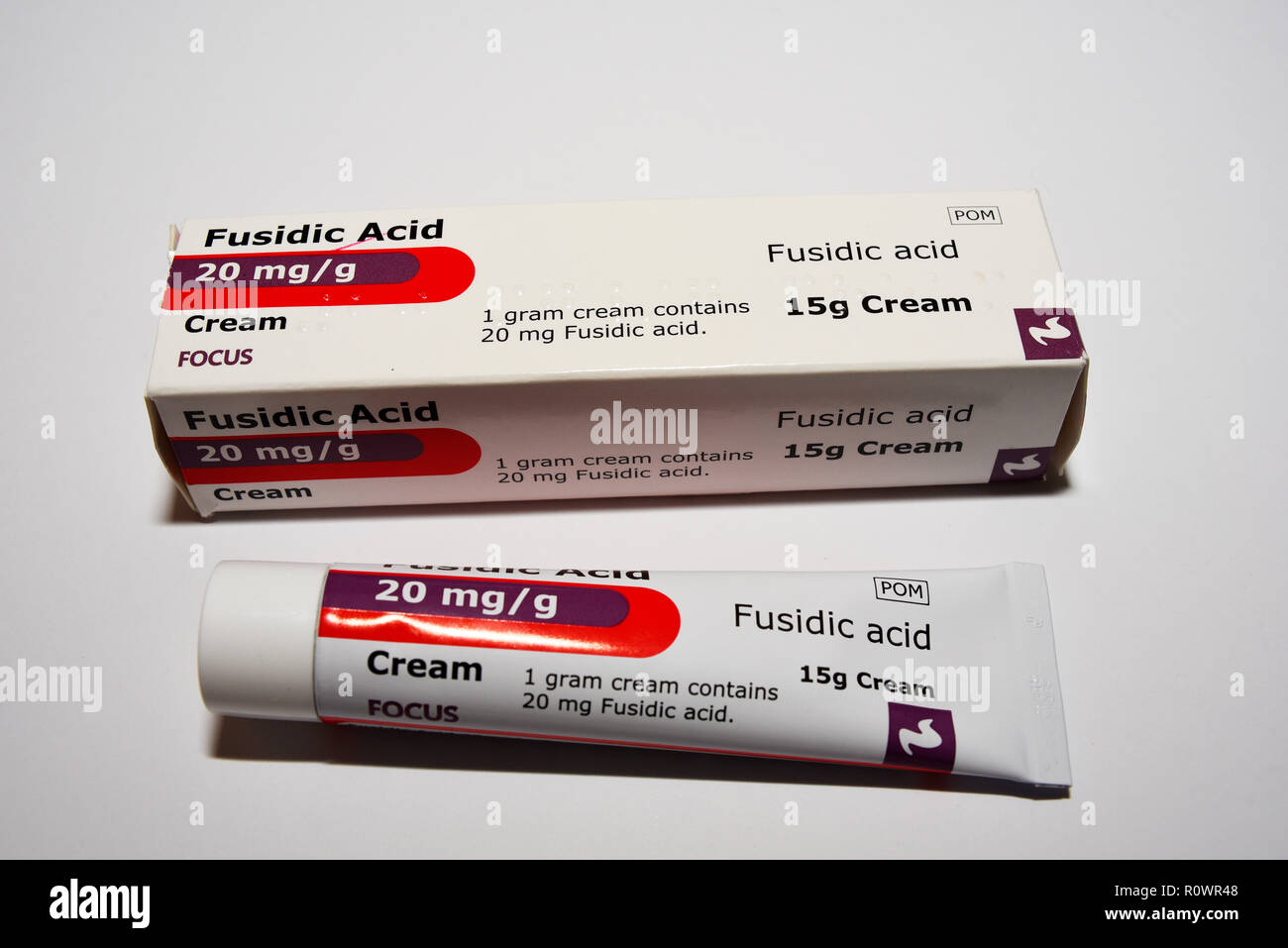 Photo of Fusidic Acid cream. Antibiotic medical treatment. Skin treatment. Manufactured by Basic Pharma Manufacturing, Netherlands, EU. Imported Stock Photo