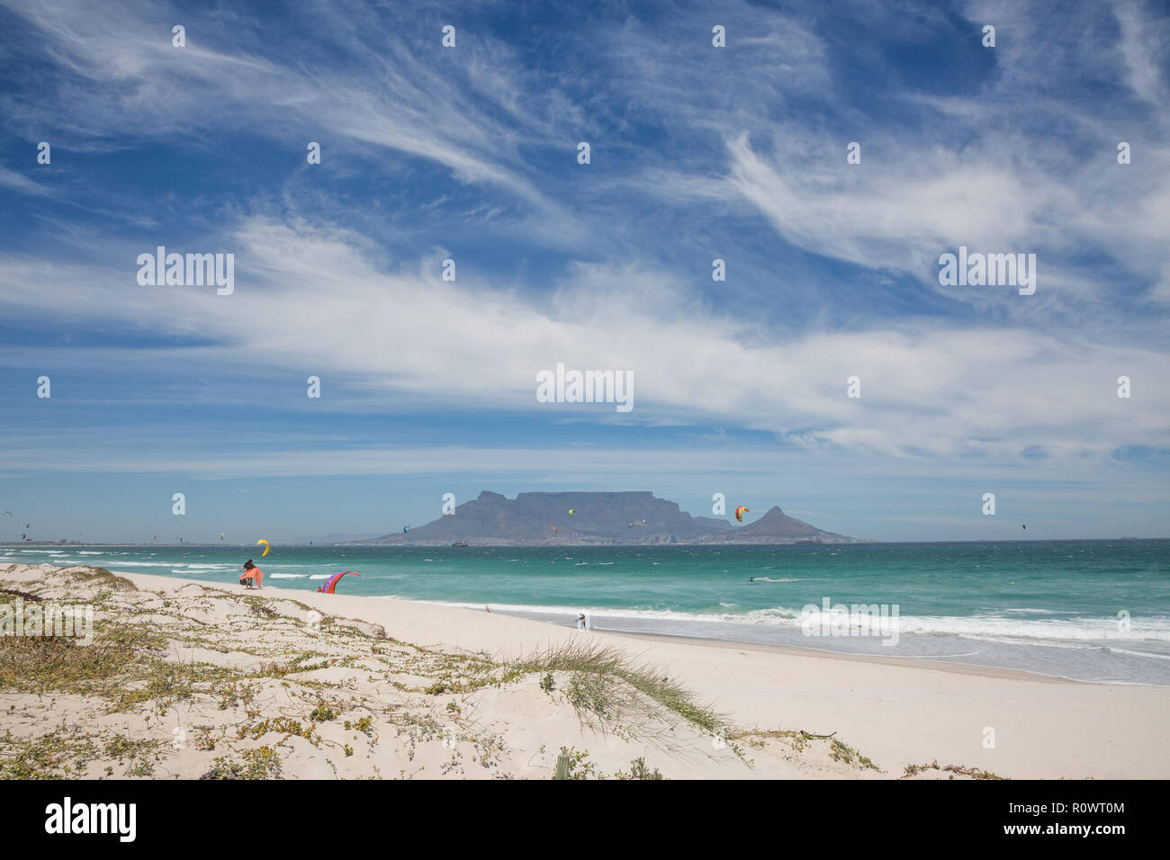 Wide shot of Table Mountain from Blouberg Beach on cloudy day Stock Photo