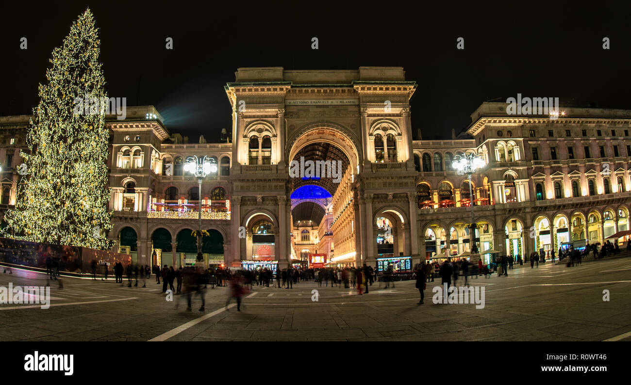 Christmas tree in Duomo Square,Christmas decorations in Vittorio Emanuele Gallery. Milan, Italy. Stock Photo