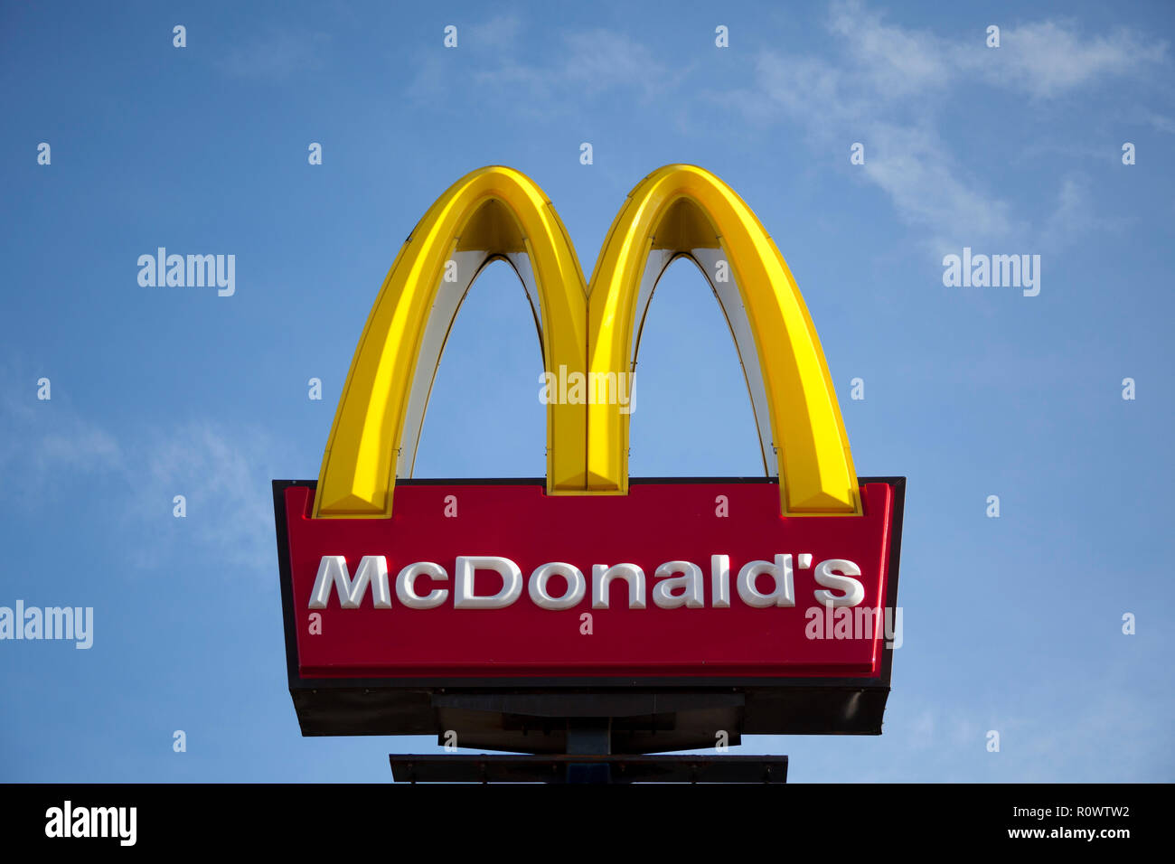 Sign for McDonald's, fast food, Kinnnaird Park, Edinburgh, Scotland, UK Stock Photo