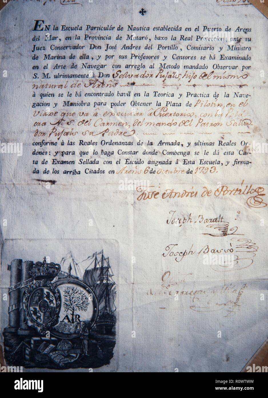 Titulo en el arte de navegar, archivo municipal Arenys de Mar, Barcelona 1779. Stock Photo