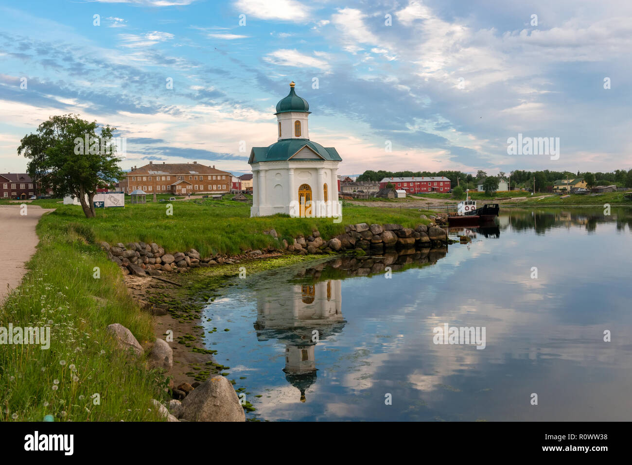 View on Solovetsky Monastery from the Bay of well-being, Russia. Solovetsky Monastery is on the UNESCO's World Heritage List. Stock Photo