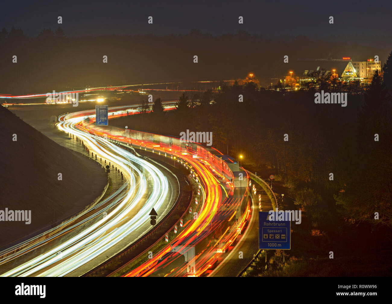 Autobahn A3 bei Rohrbrunn, Nachtaufnahme Stock Photo