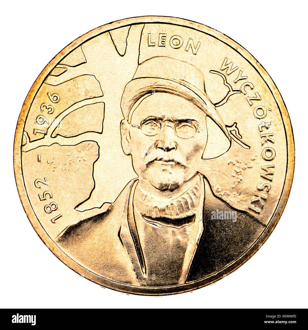 Leon Wyczółkowski (1852-1936) leading painter of the Young Poland movement, on aPolish 2Zl commemorative coin. 'Nordic Gold' (alloy of copper, alumini Stock Photo