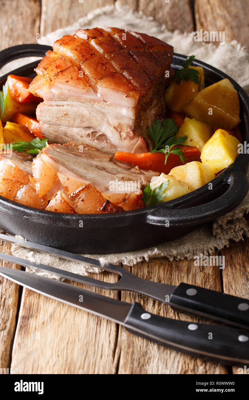 Traditional German Dish Krustenbraten pork slow baked in the beer with