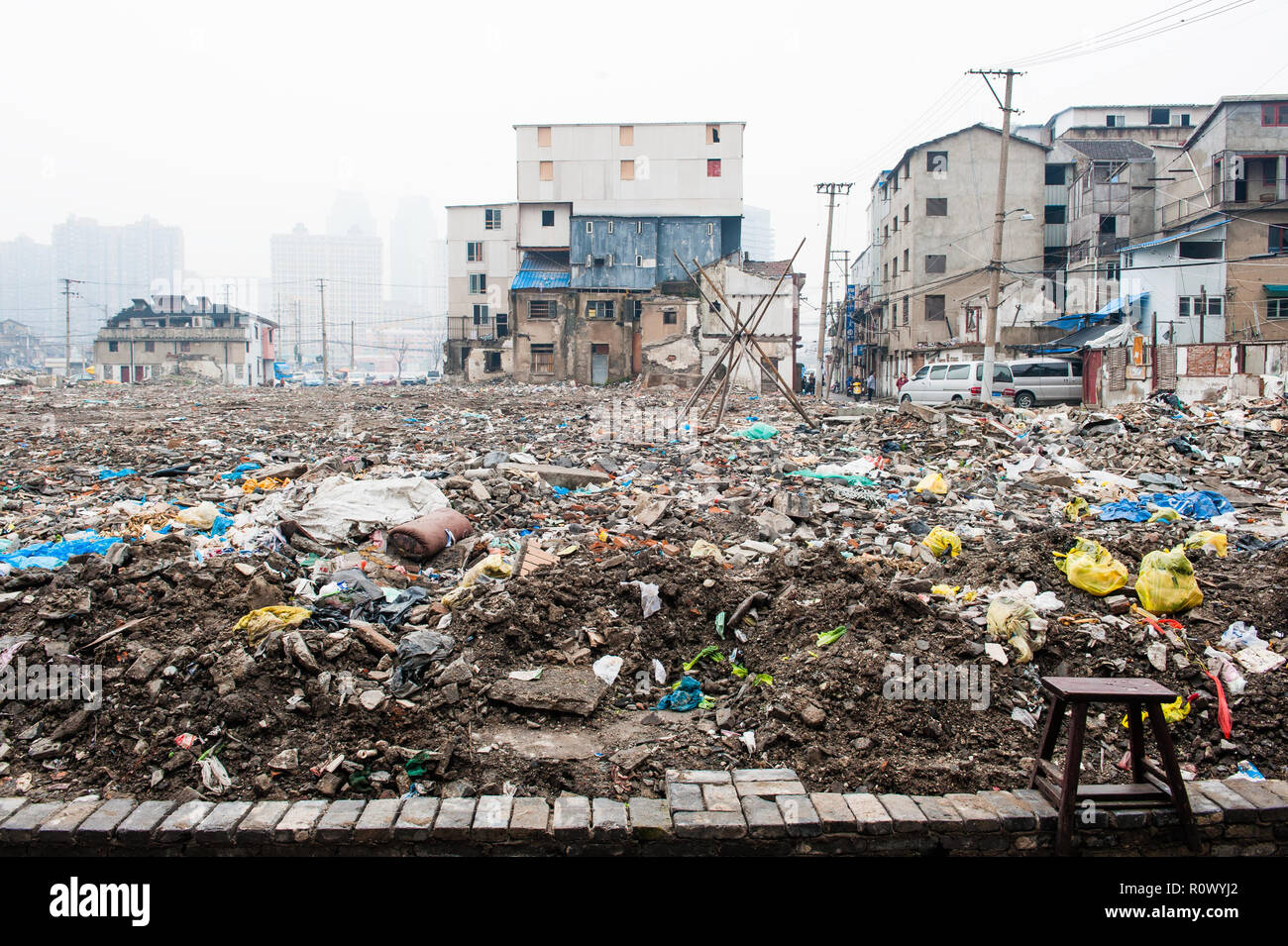 Concrete rubble debris on construction site, Crushed concrete slabs and
