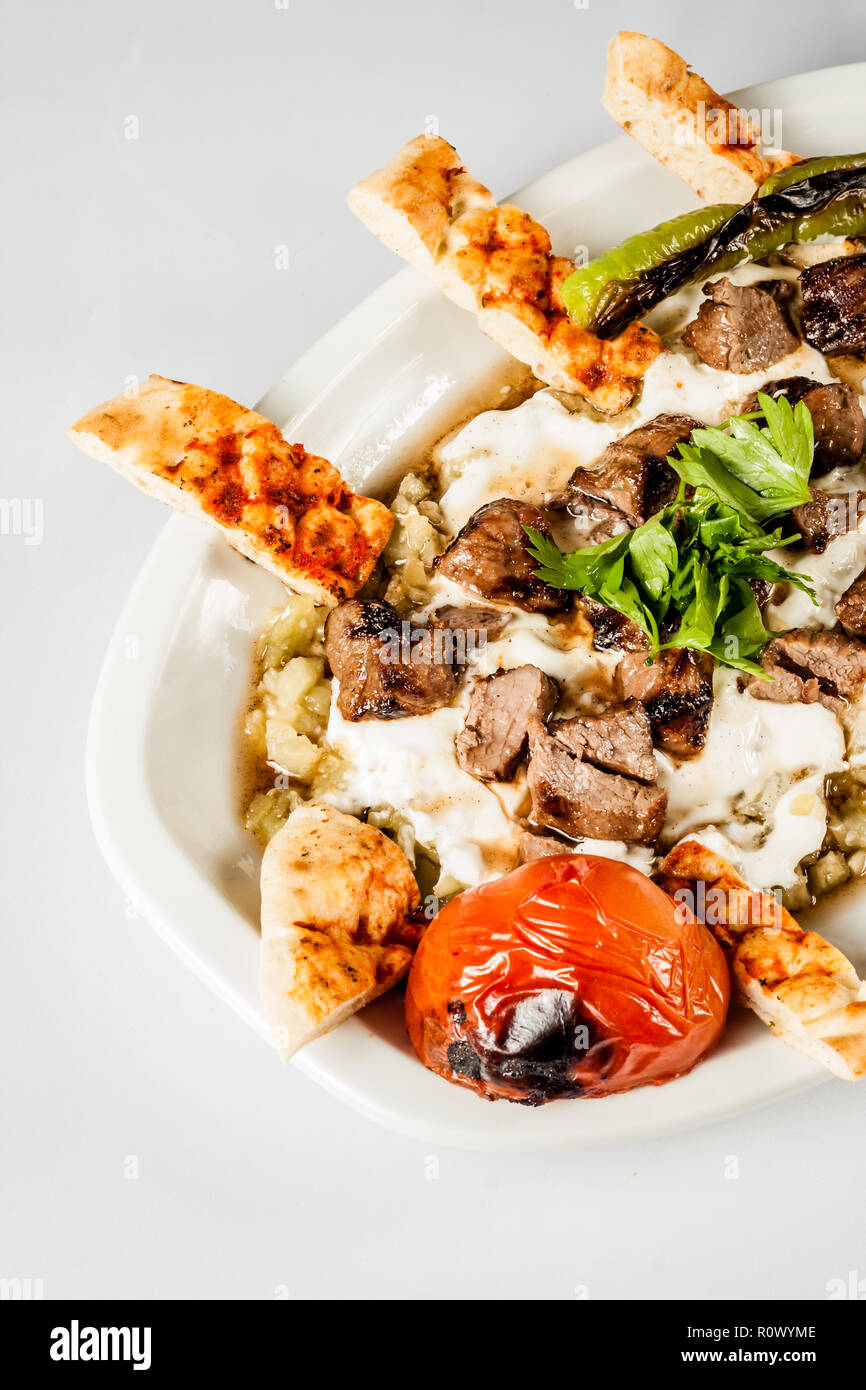 Turkish meat kebab with yoghurt and eggplant Stock Photo Alamy