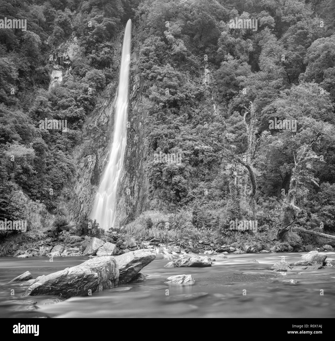 Thunder Creek Waterfall, New Zealand Stock Photo