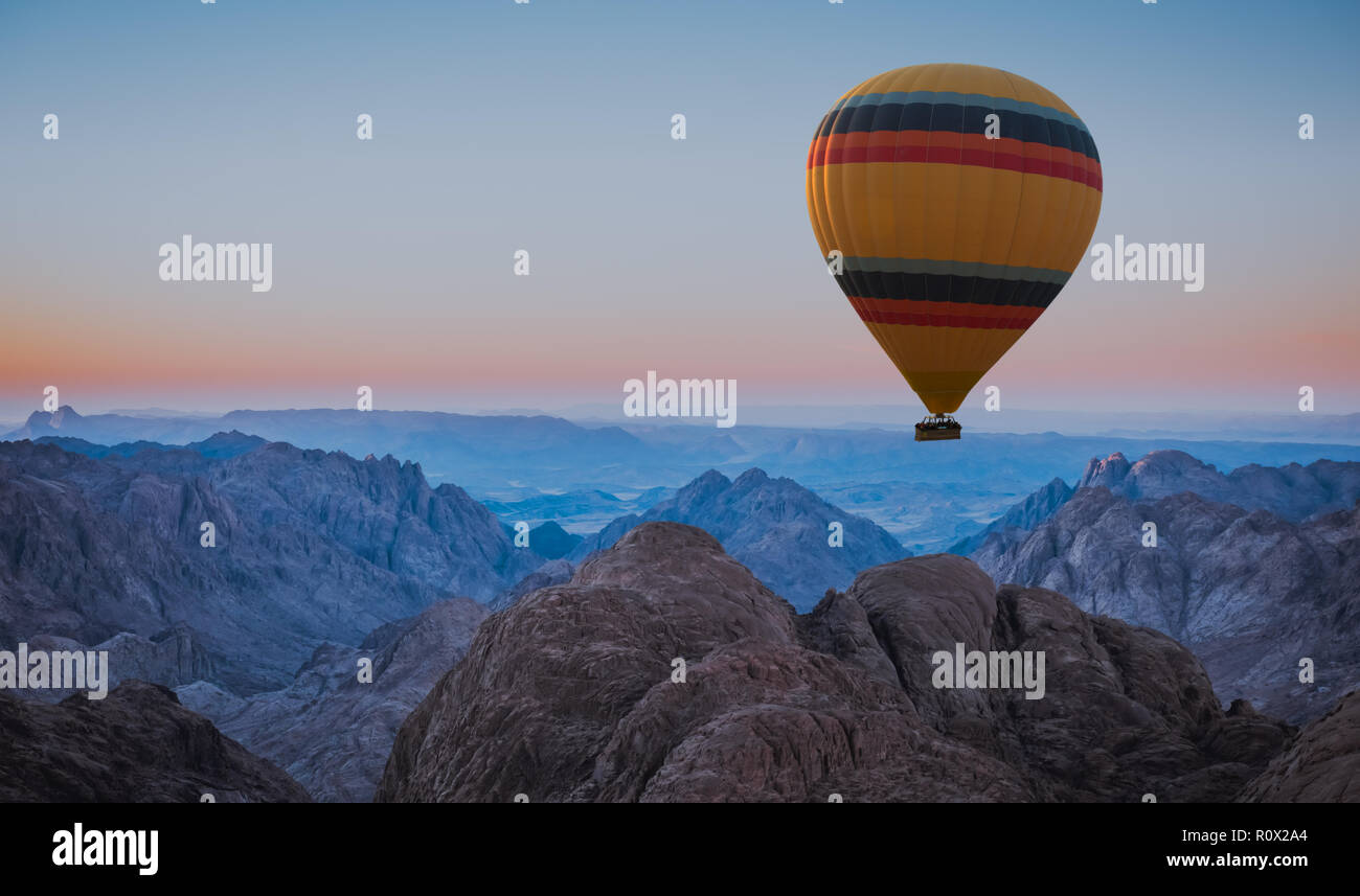 Hot air balloon over Mount Moses Sinai sunset Stock Photo