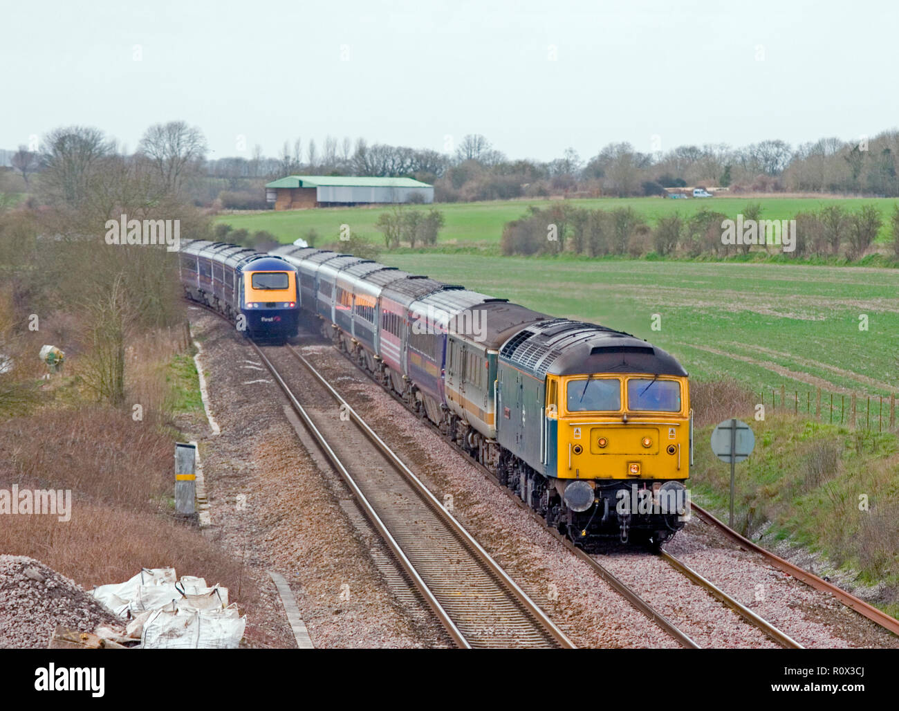 A class 47 diesel locomotive number 47840 'North Star' working an empty coaching stock stock move near Crofton on 5th March 2007. Stock Photo