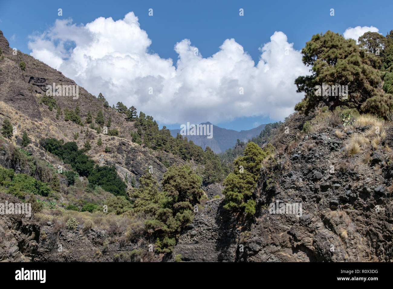 Volcanic landscape of La Palma Island, Canaries, looking towards the 