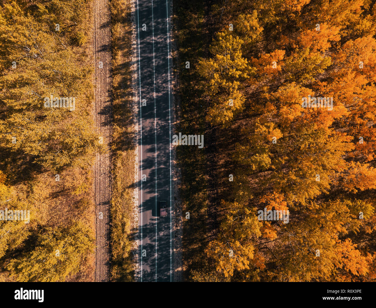 Aerial view of car on road through forest in autumn, drone point of view directly above Stock Photo