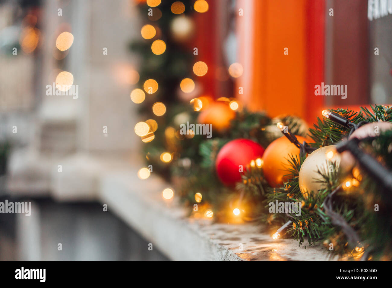 Christmas winter decorations on the window Stock Photo - Alamy