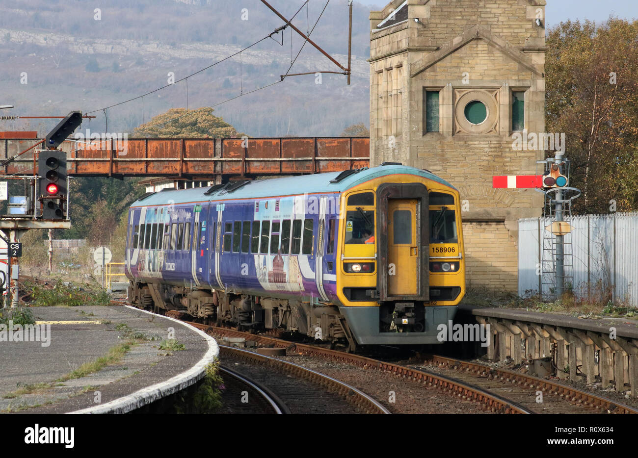 Class 158 diesel multiple unit train, operated by Northern trains, arriving at Carnforth railway station with a passenger service on 5th November 2018 Stock Photo