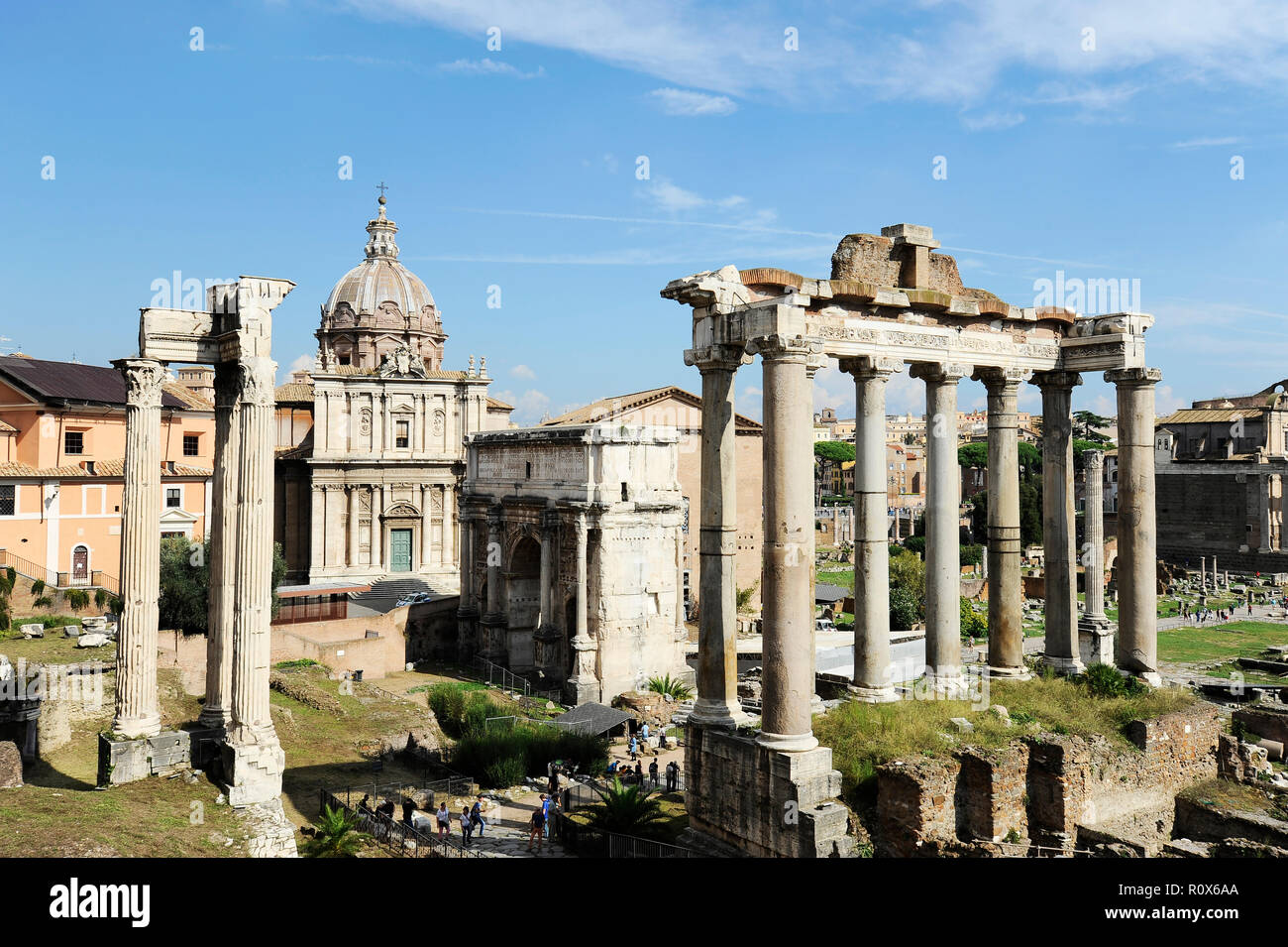 Roman Forum in Rome, Italy, It is one of the main tourist attractions of Rome. Panorama of the famous Roman Forum or Foro Romano in a sunny day. Ancie Stock Photo