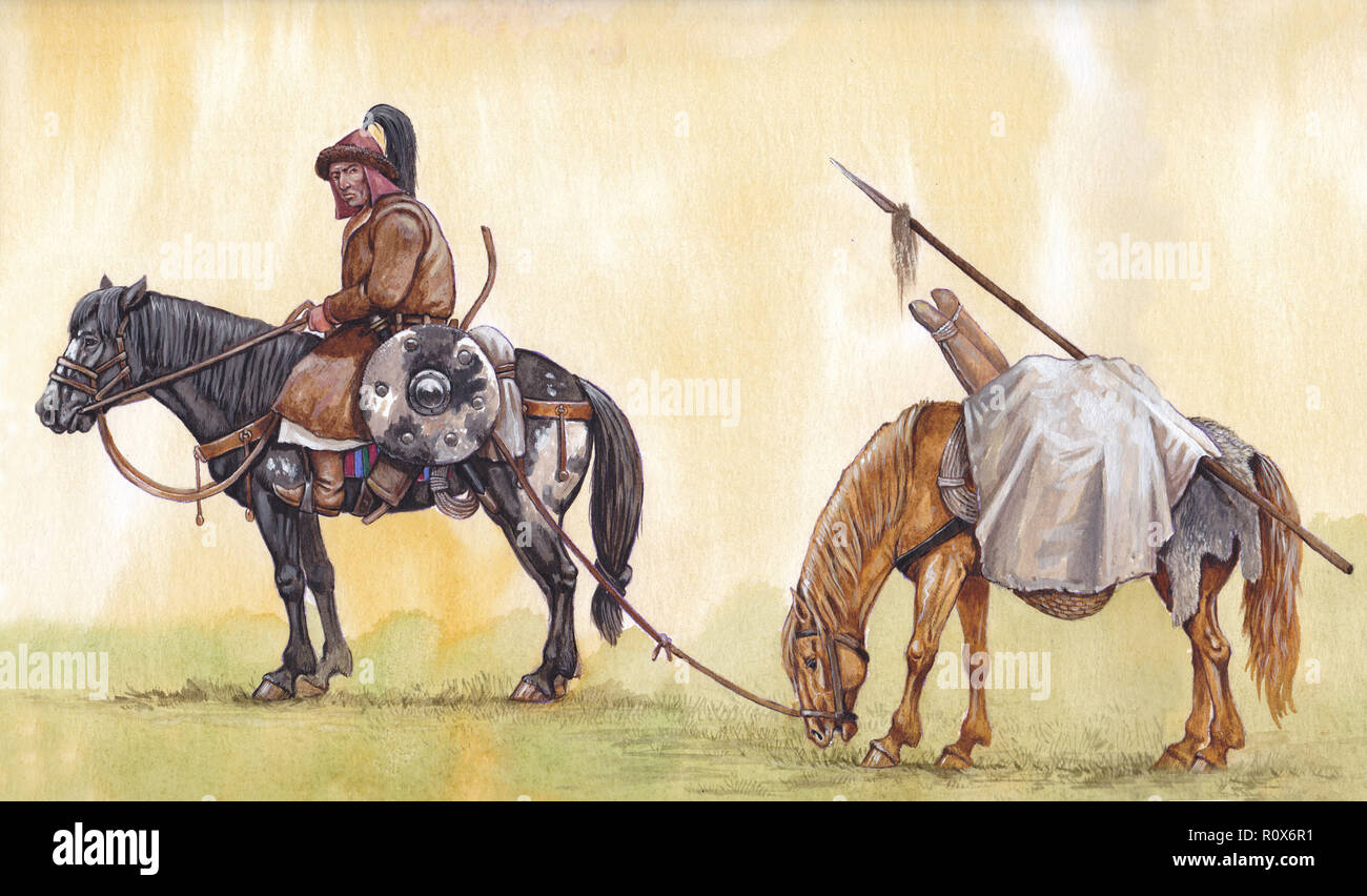 Mongolian rider with horses. Historical illustration. Medieval mounted knight illustration. Stock Photo