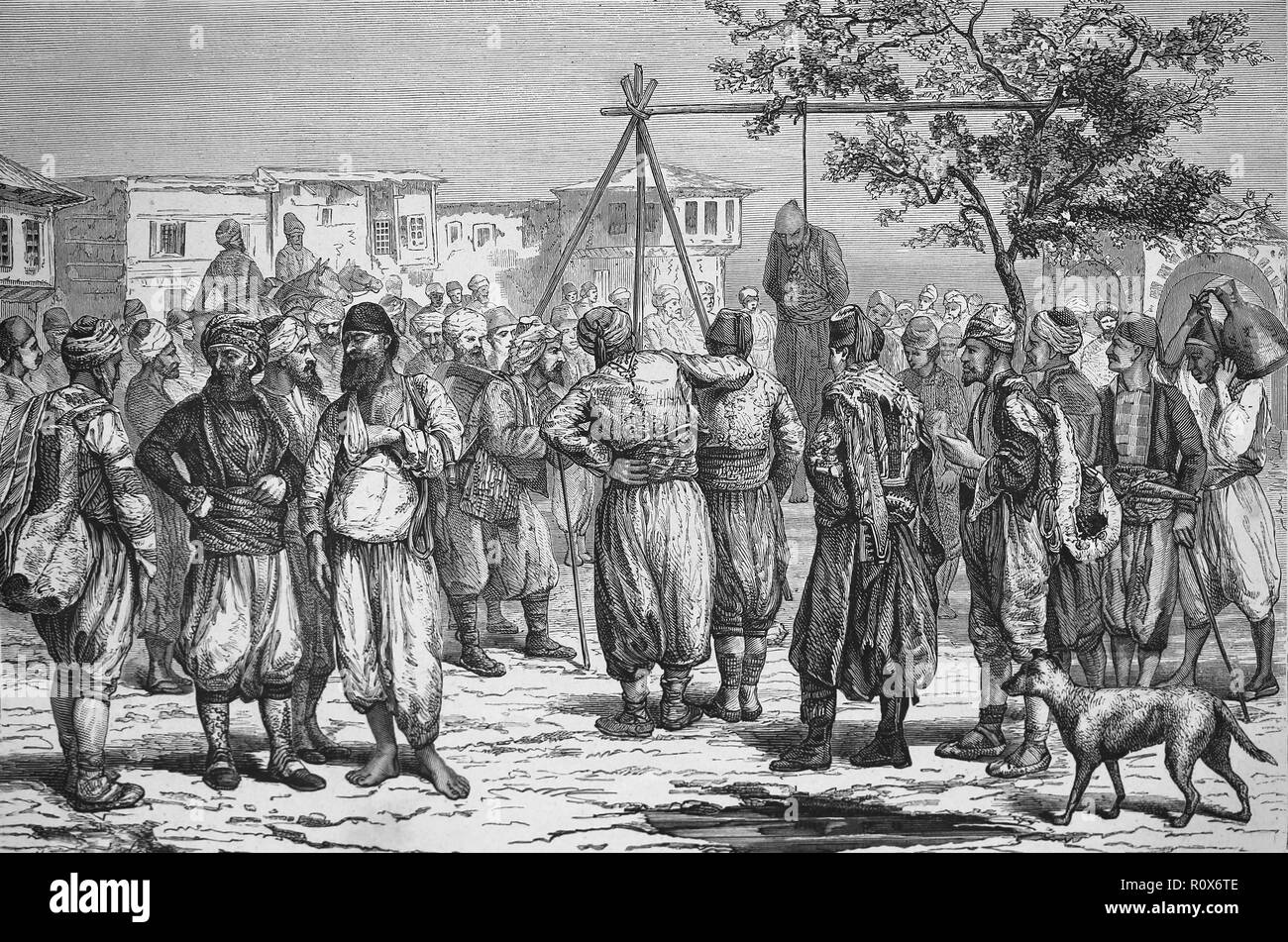 Execution of a malefactor in public in a city square of Trabzon, Turkey, around 1870.  19th century engraving. Stock Photo
