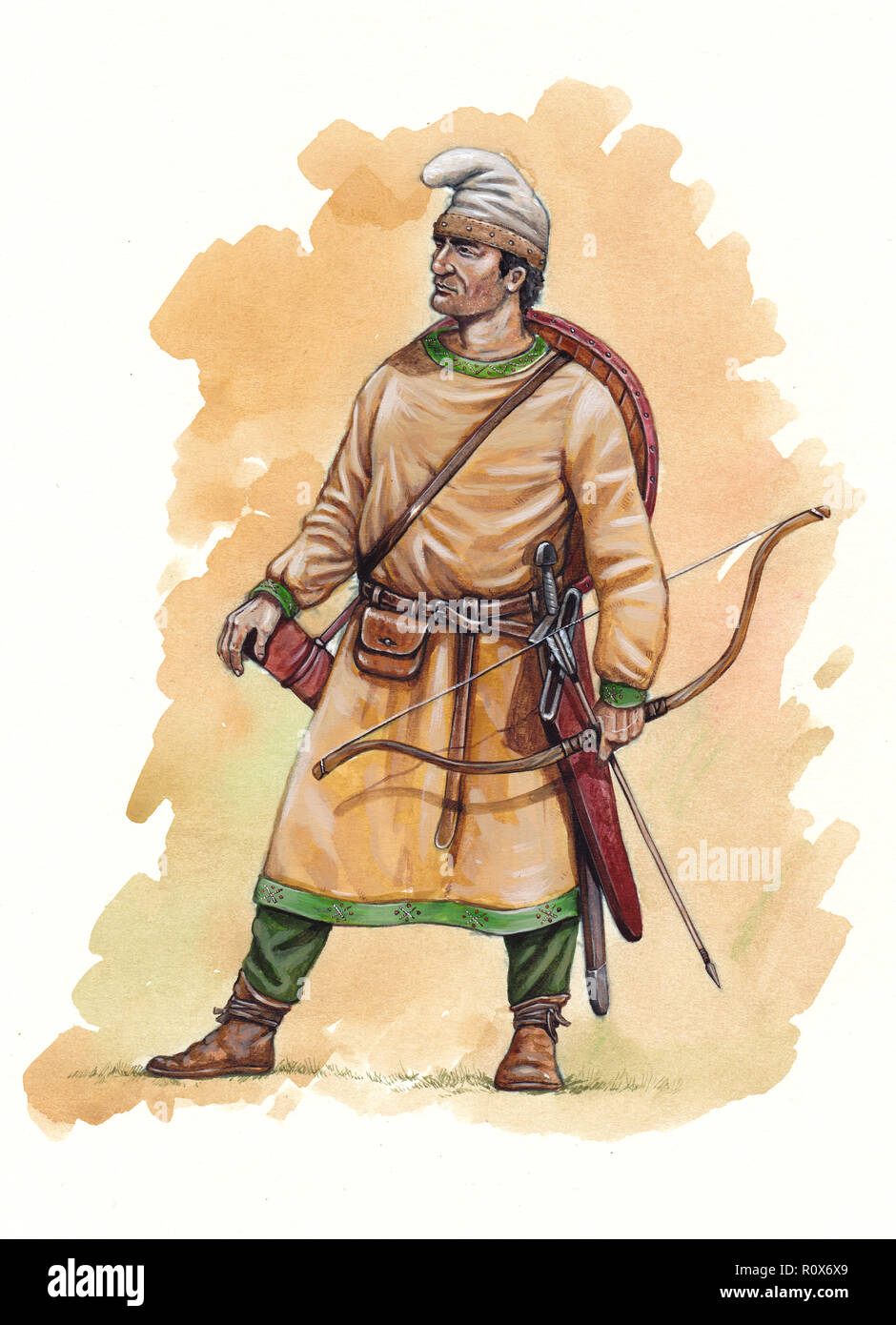 Medieval german archer illustration. Knight with the bow drawing. Stock Photo