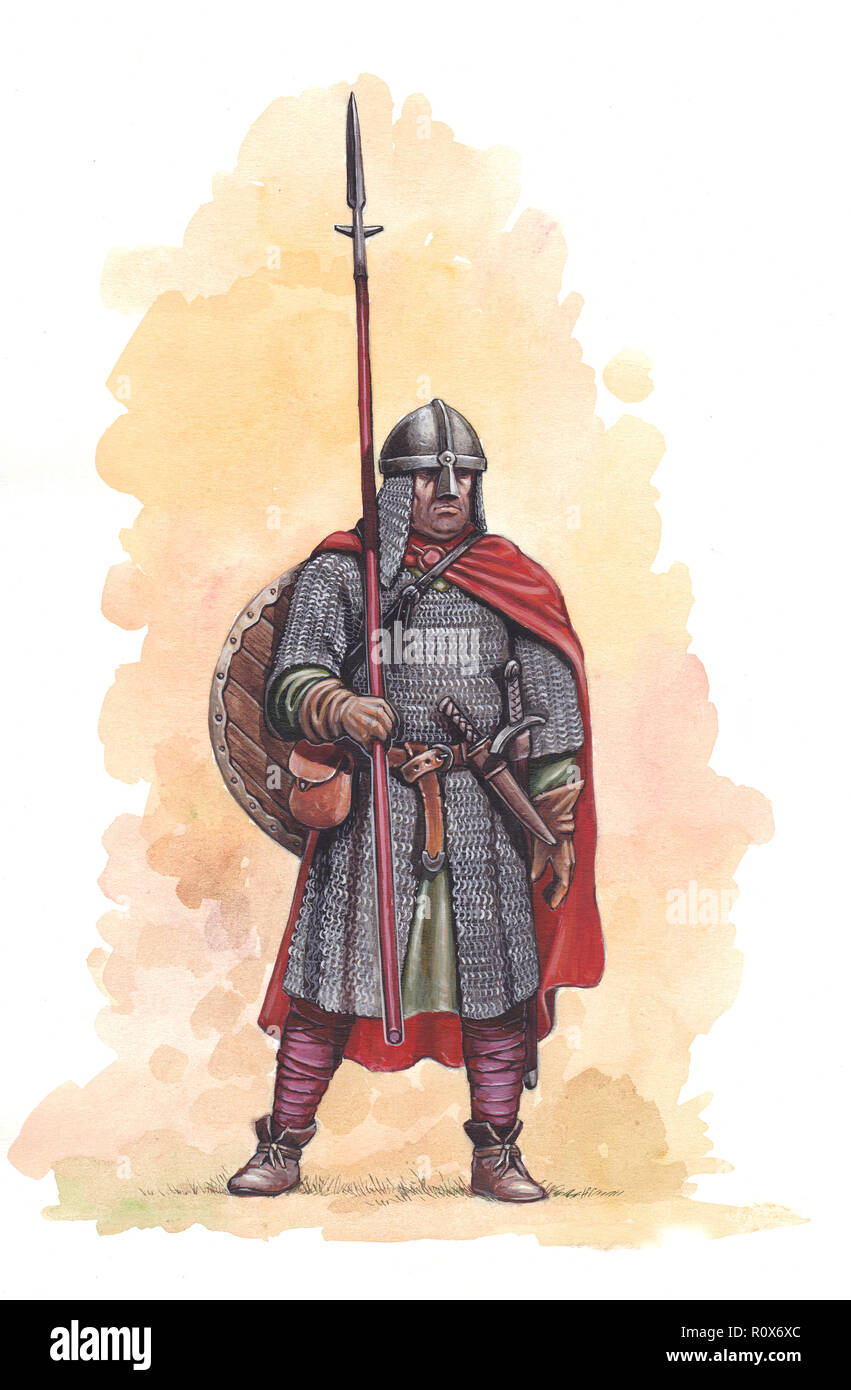 German knight drawing.  Norman warrior with spear illustration. Stock Photo
