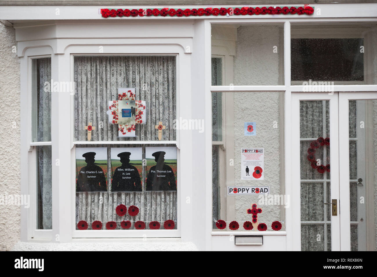 A house in Station Road, Aldridge in Walsall which has transformed itself into Poppy Road as almost 100 houses have been decorated with 24,000 red poppies and silhouette statues of soldiers to honour local people who endured and lost their lives in the First World War. Stock Photo