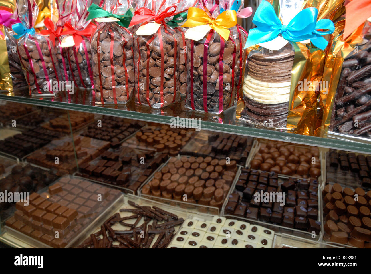 Avariety of handmade chocolates on sale in the shop of Chocolaterie de