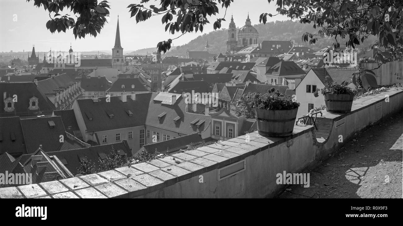 Prague - The outlook from the gardens under the Castle to Mala Strana, St. Nicholas, and St. Thomas church. Stock Photo