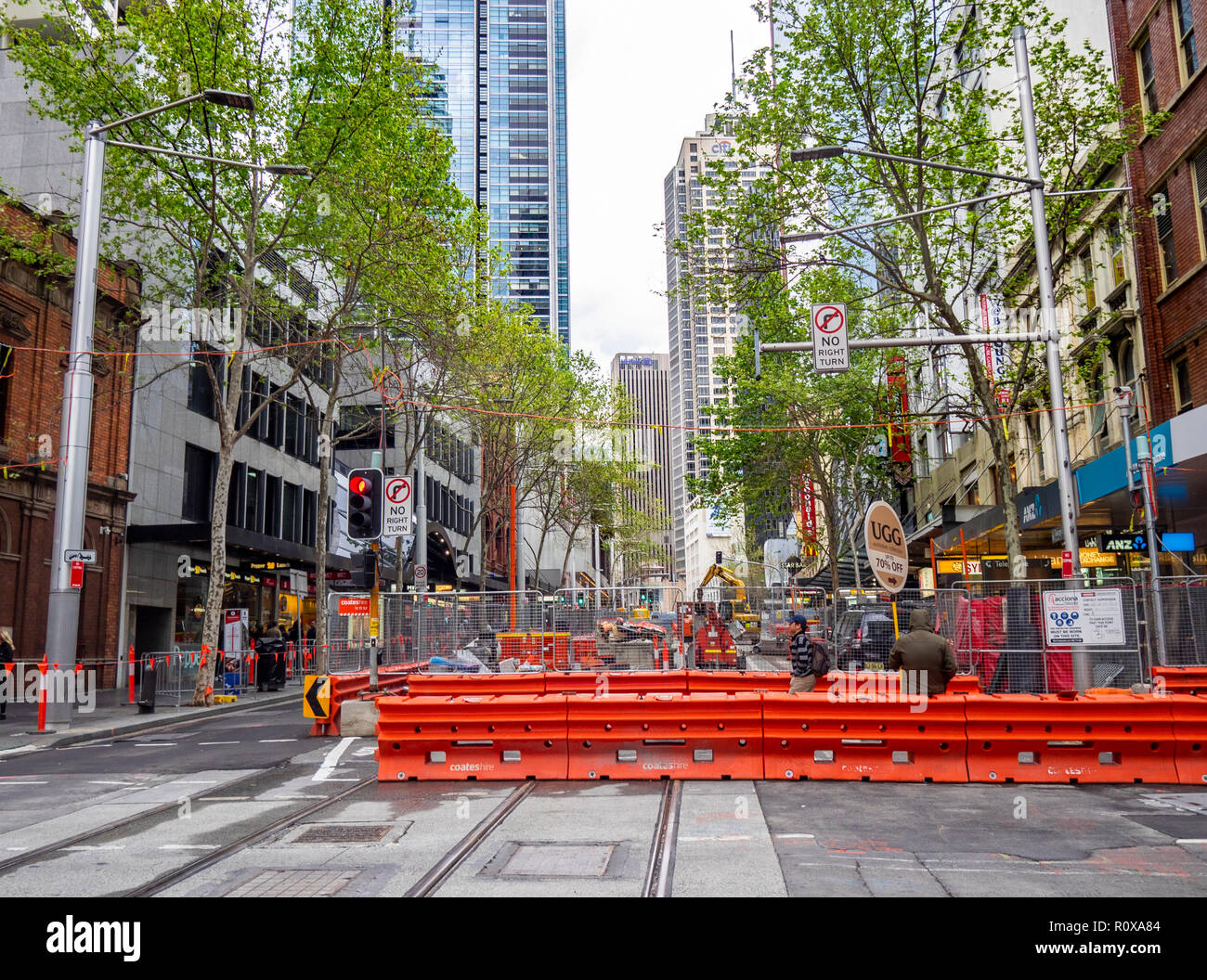 Plastic water filled barriers across George St and construction of light rail transport system Sydney NSW Australia. Stock Photo