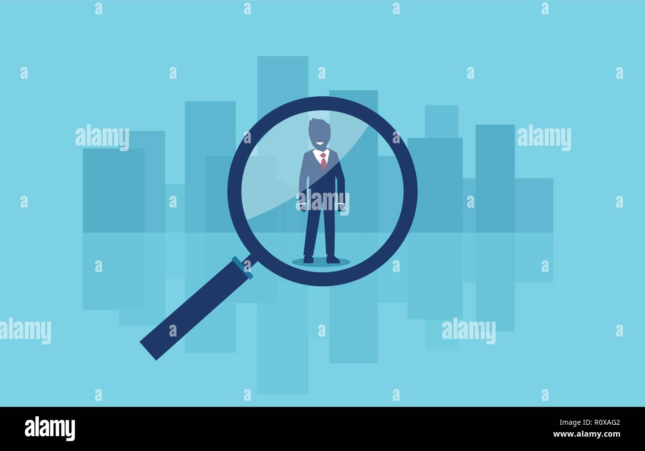 Search for a job business candidate as a symbol of magnifying glass over a businessman Stock Vector