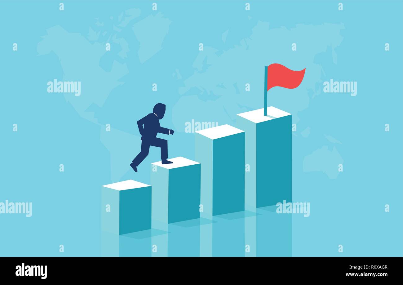 Vector concept with businessman jumping up on graph columns. Symbol of success, achievment, motivation in business. Stock Vector
