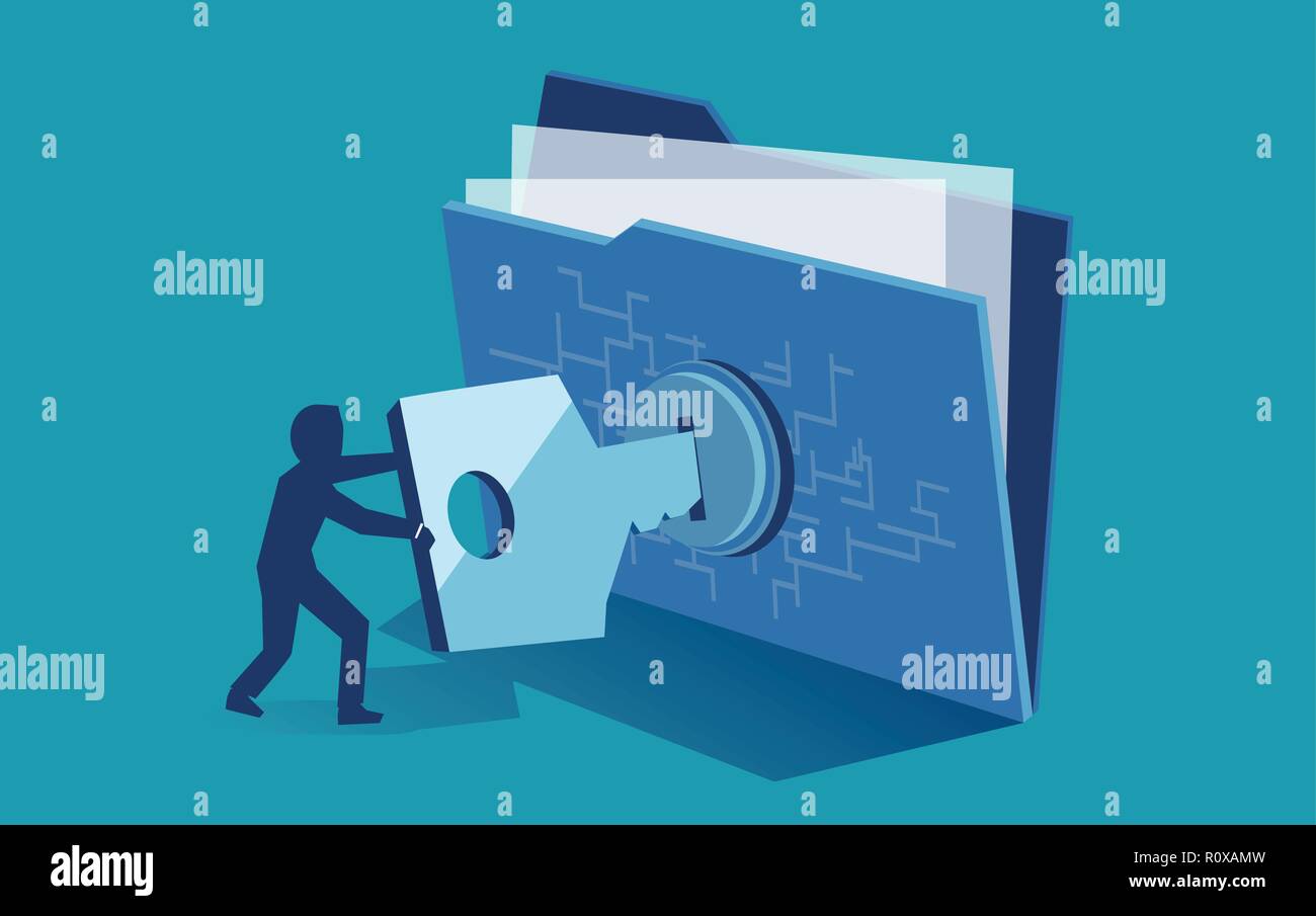 Cyber security digital file protection concept. Vector of man using security key to access digital file Stock Vector