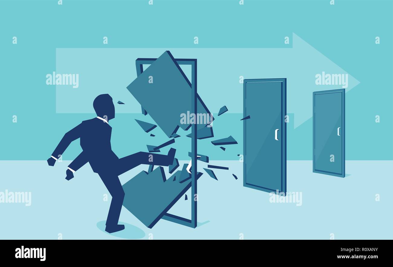 Vector of a business man kicking down and destroying door one by one, eliminating barrier of entries, roadblocks, overcoming challenges Stock Vector
