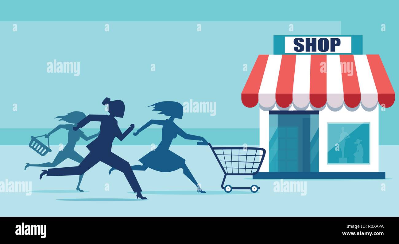 Vector of group of shopper women in a hurry running to sale discount shop for a promotion event Stock Vector