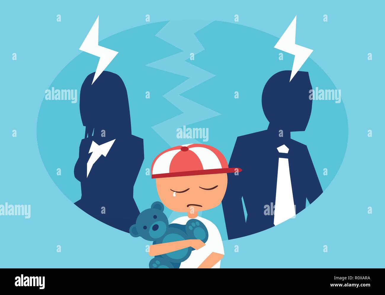 Divorce and family conflict concept. Vector of a couple man and woman having an argument with a stressed crying child in the middle. Stock Vector