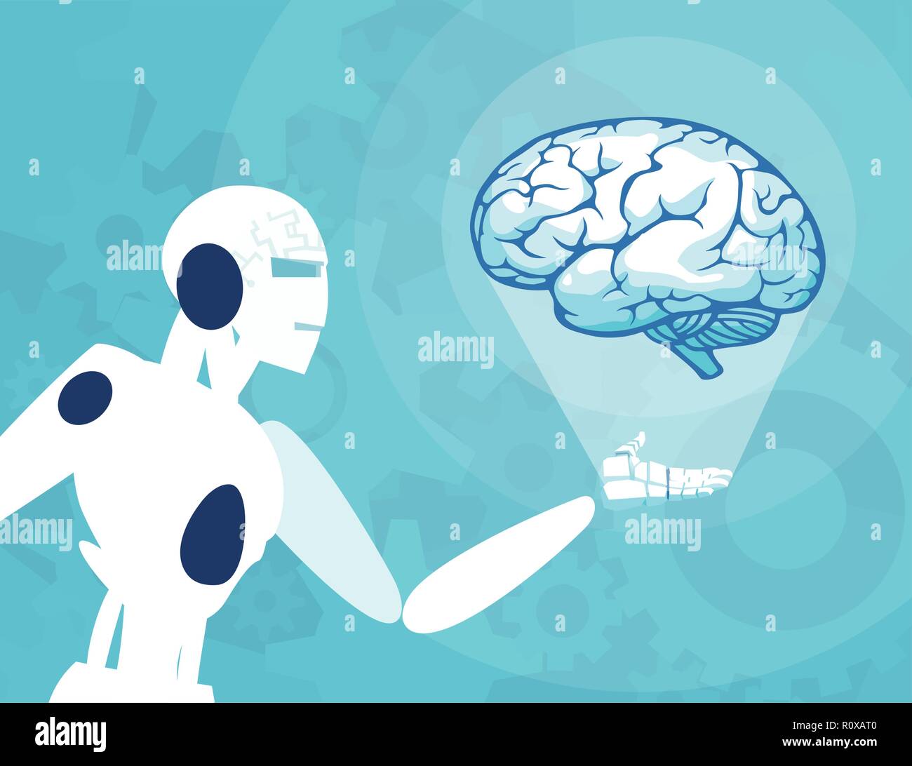 Vector of a robot holding and looking at human brain. Concept of automation and technology. Stock Vector