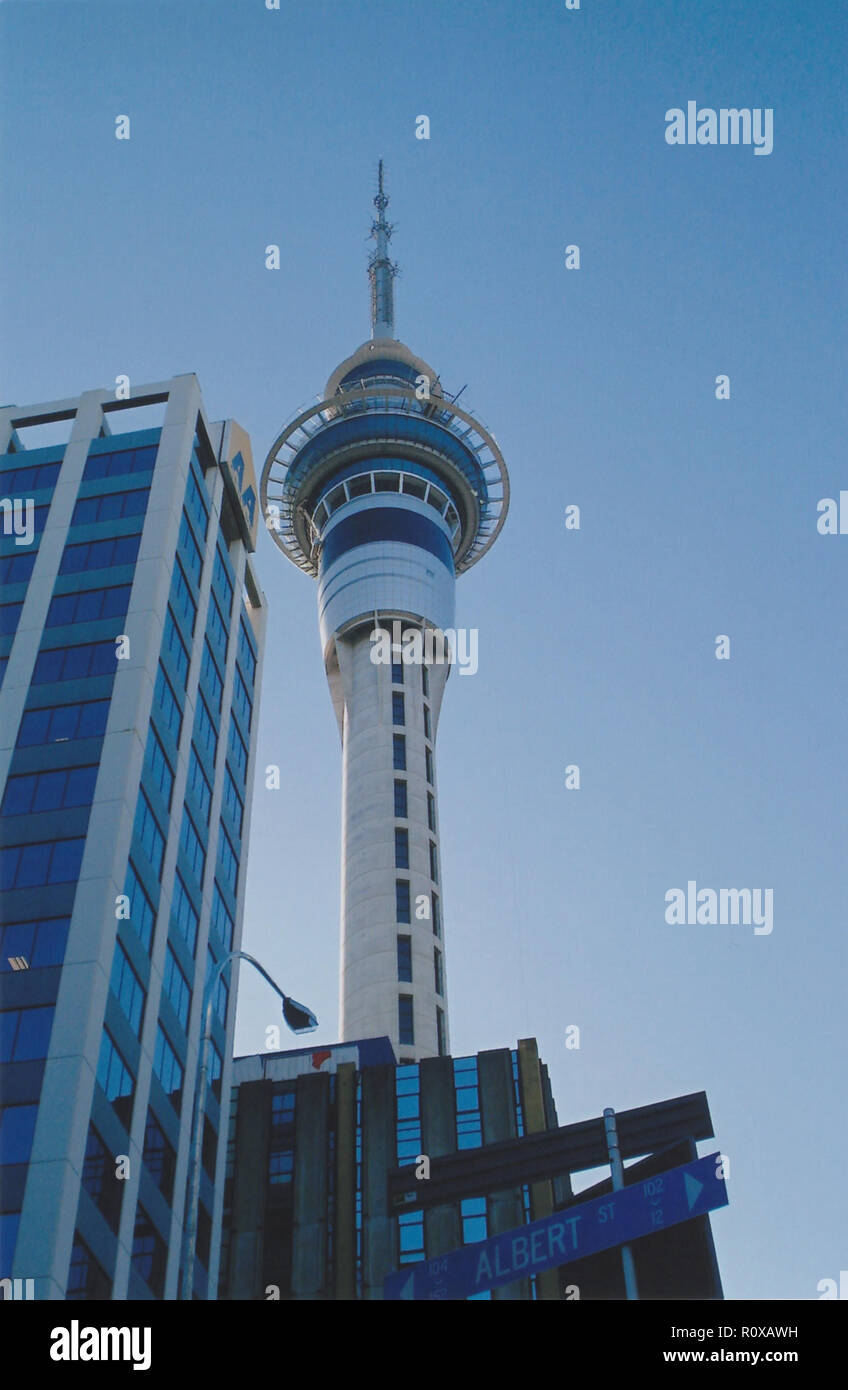 Sky Tower in Auckland New Zealand completed in 1997 it is the it the tallest freestanding structure in the Southern Hemisphere standing 328 metres or 1076 feet tall. Stock Photo