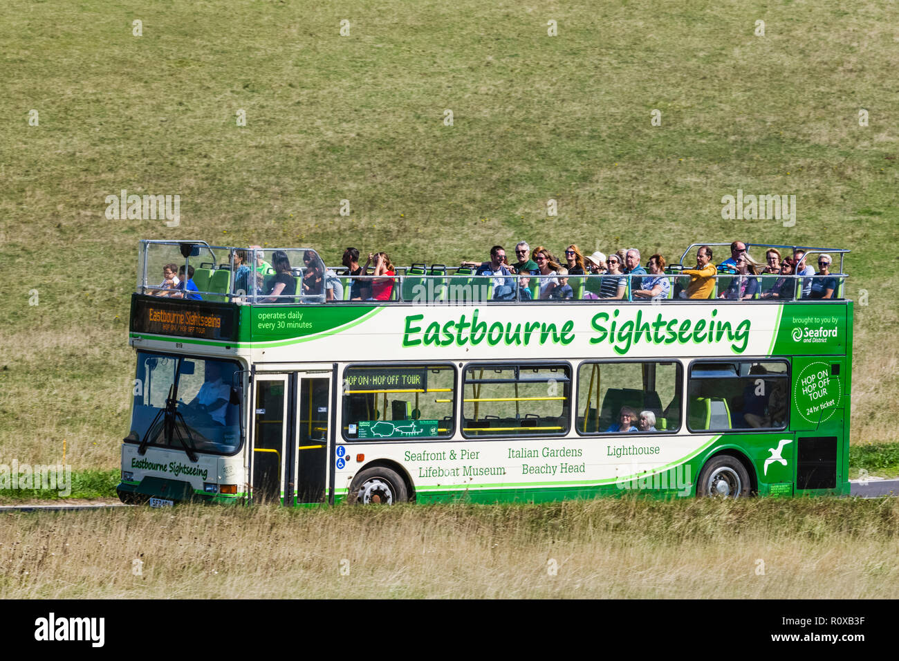 England, East Sussex, Eastbourne, South Downs National Park, Open Top Sightseeing Bus Stock Photo
