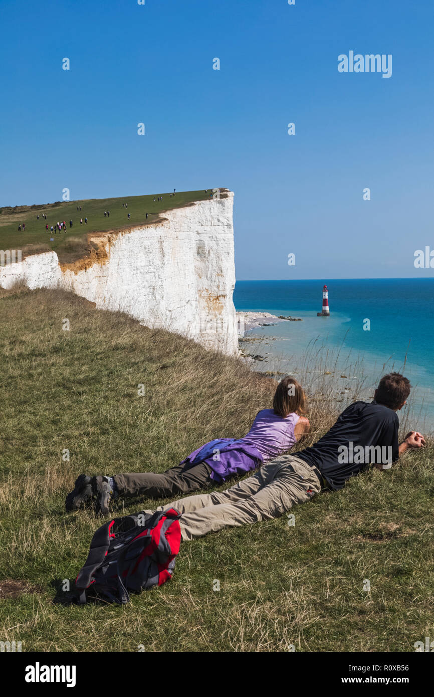 England, East Sussex, Eastbourne, South Downs National Park, The Seven Sisters, Beachy Head Lighthouse Stock Photo