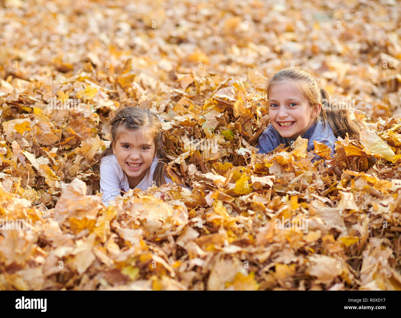 Children are lying and playing on fallen leaves in autumn city park ...