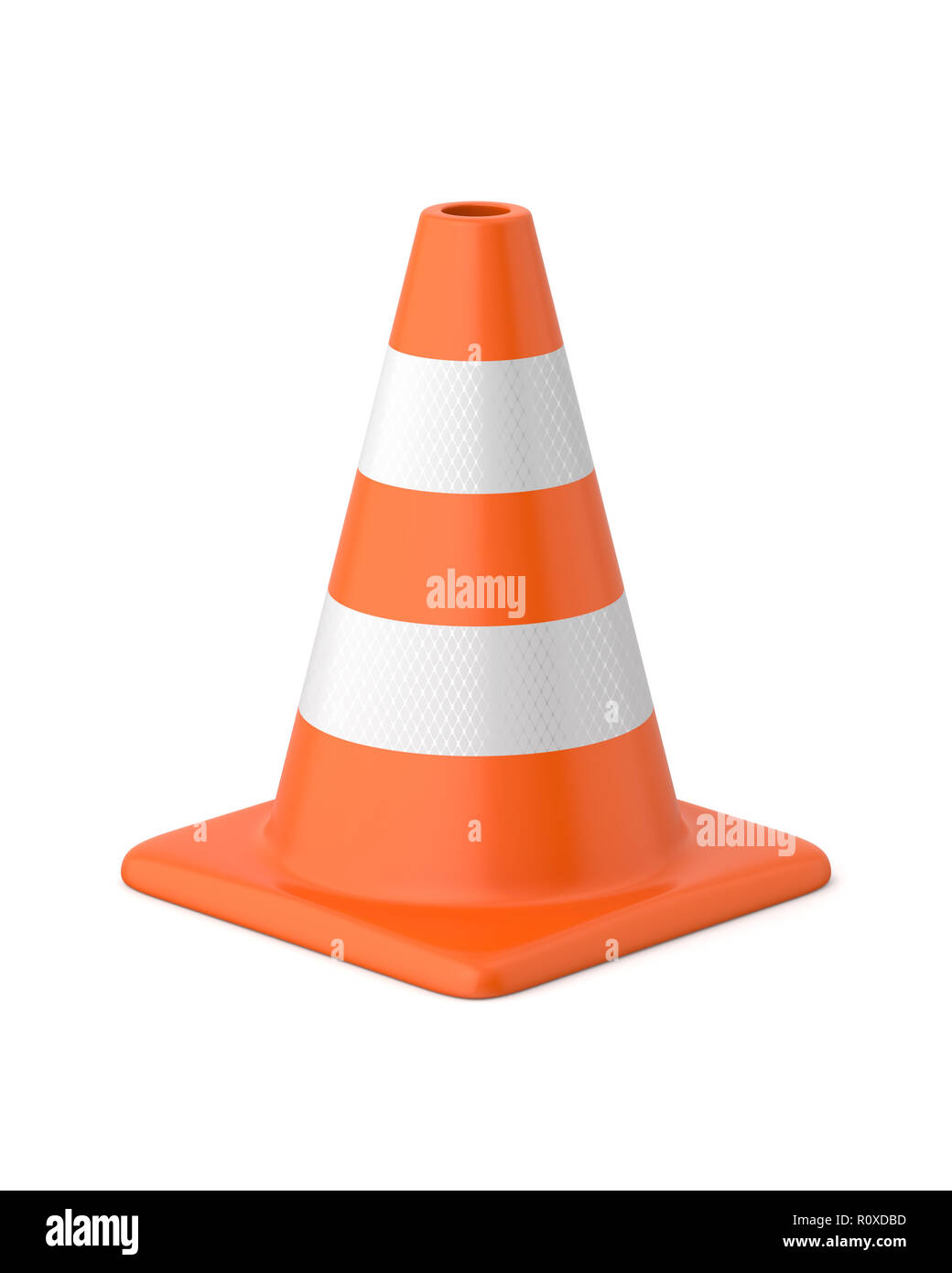 3d rendered orange and white striped traffic cone on a white background. Stock Photo