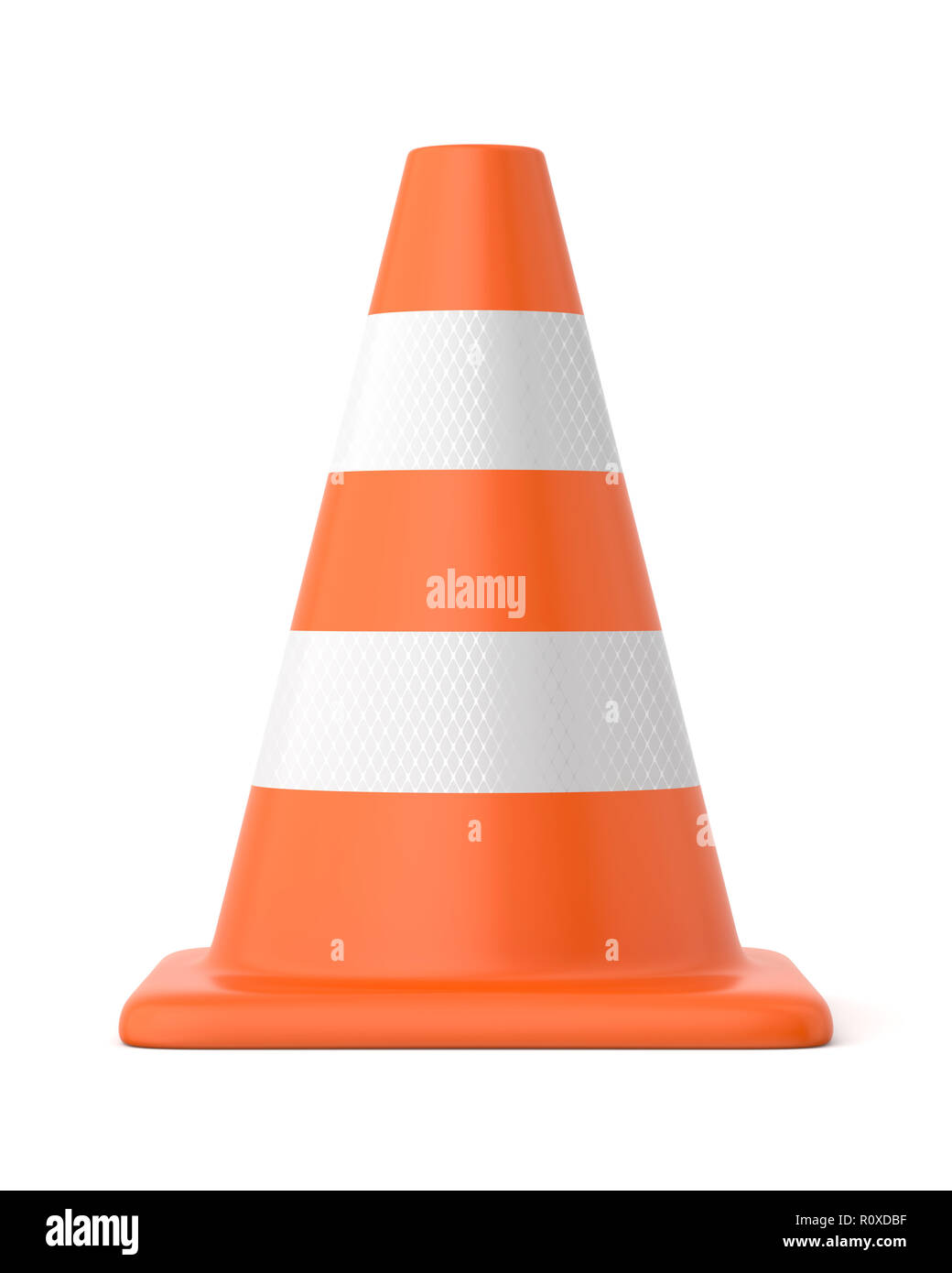 3d rendered orange and white striped traffic cone on a white background. Stock Photo