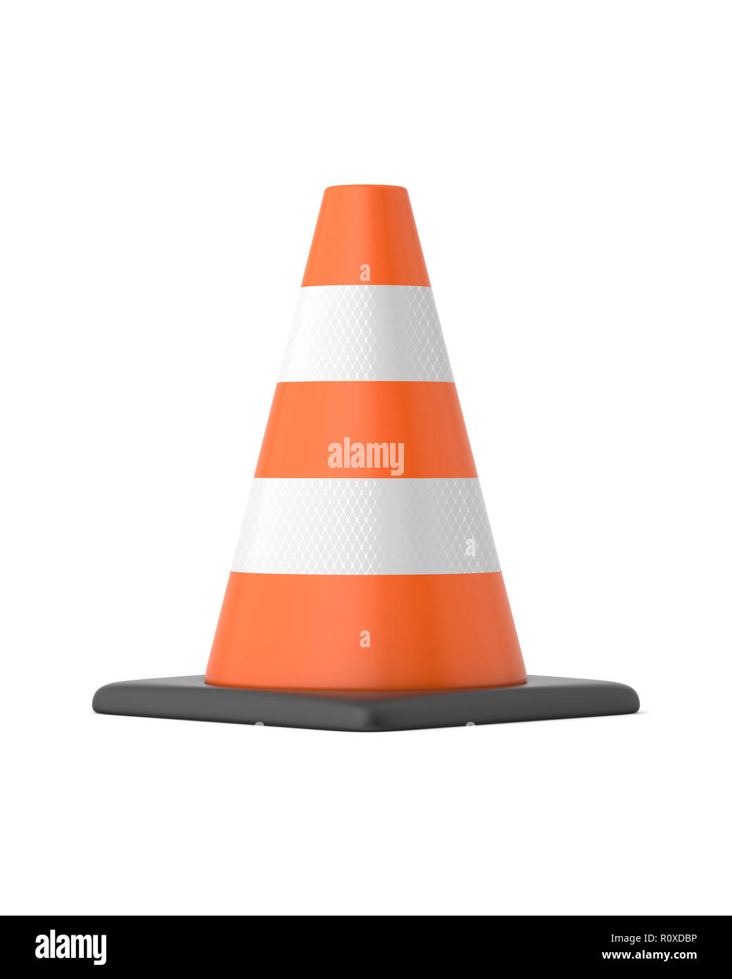 3d rendered orange, black and white striped traffic cone on a white background. Stock Photo