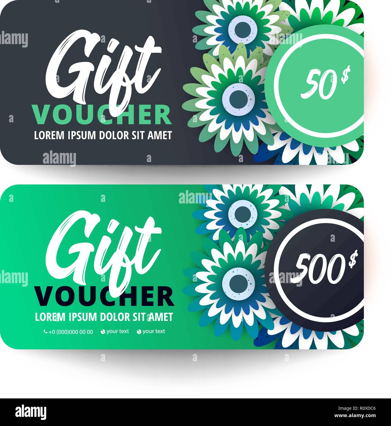 Gift Voucher Card Set Template with origami flowers on white background