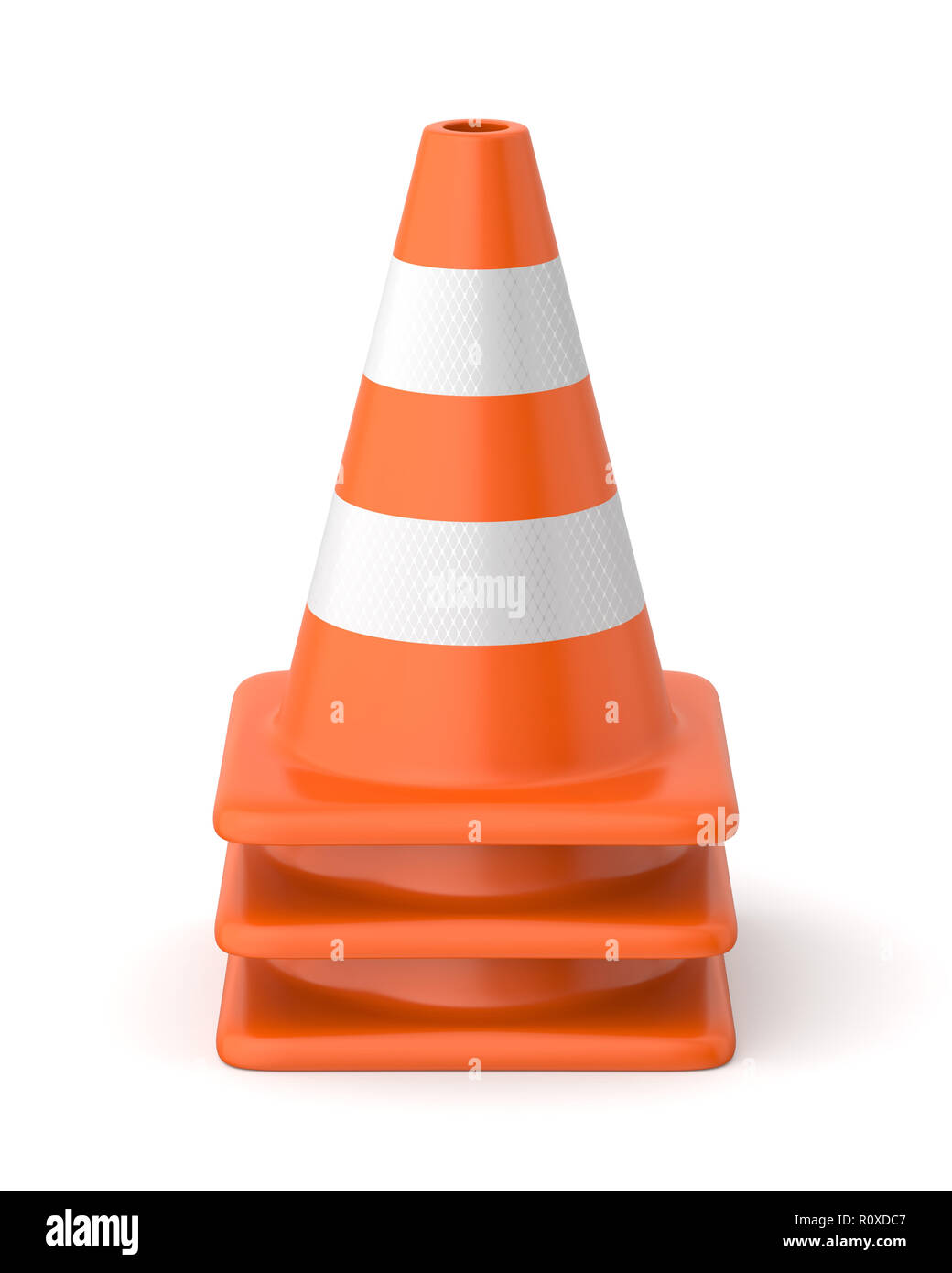 3d rendered stack of orange and white striped traffic cones on a white background. Stock Photo