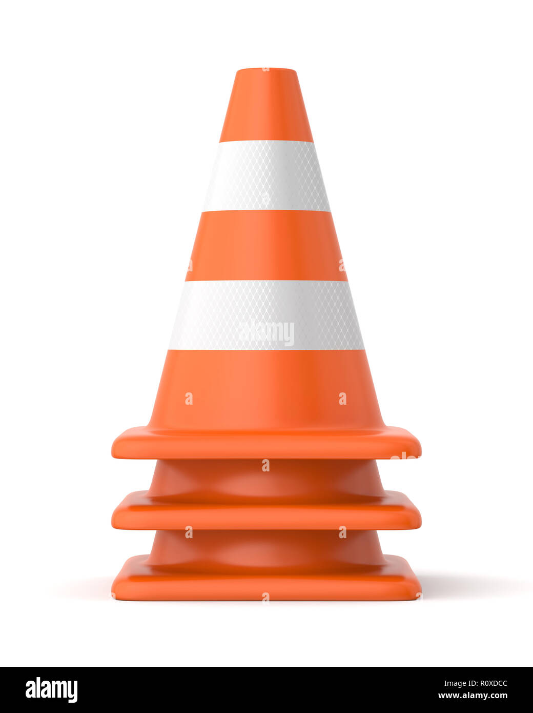 3d rendered stack of orange and white striped traffic cones on a white background. Stock Photo