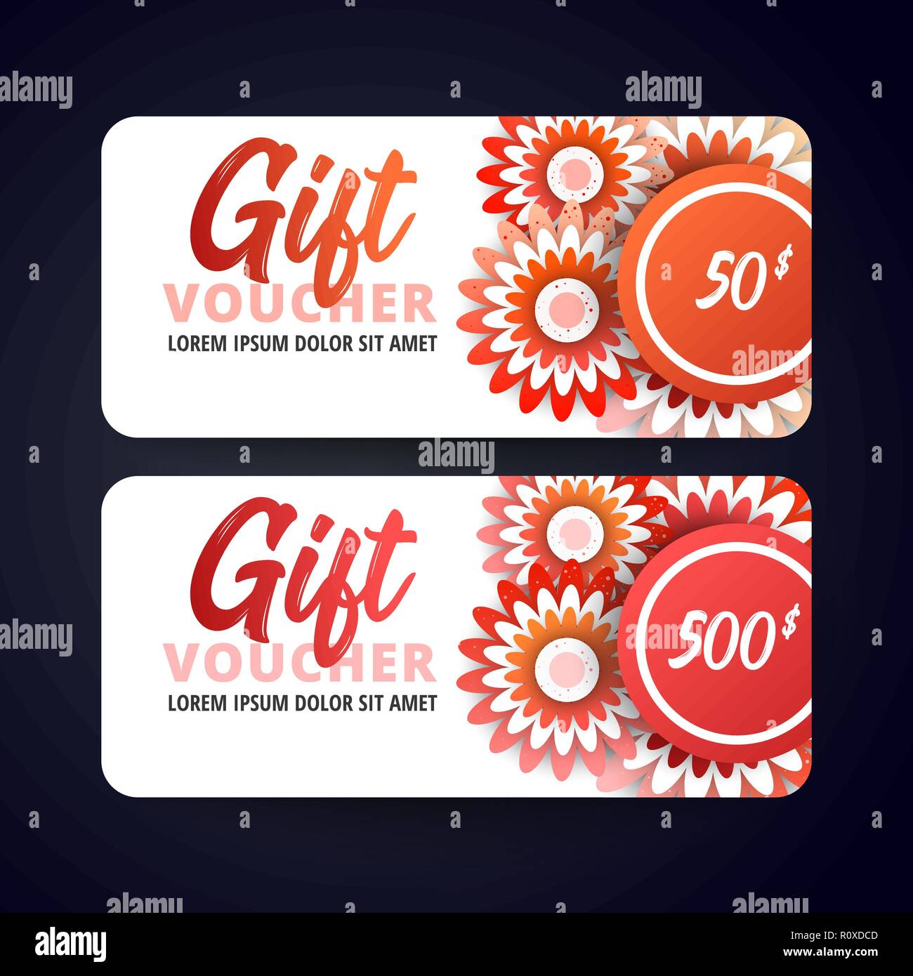 Gift Voucher Card Set Template with red flowers on white background