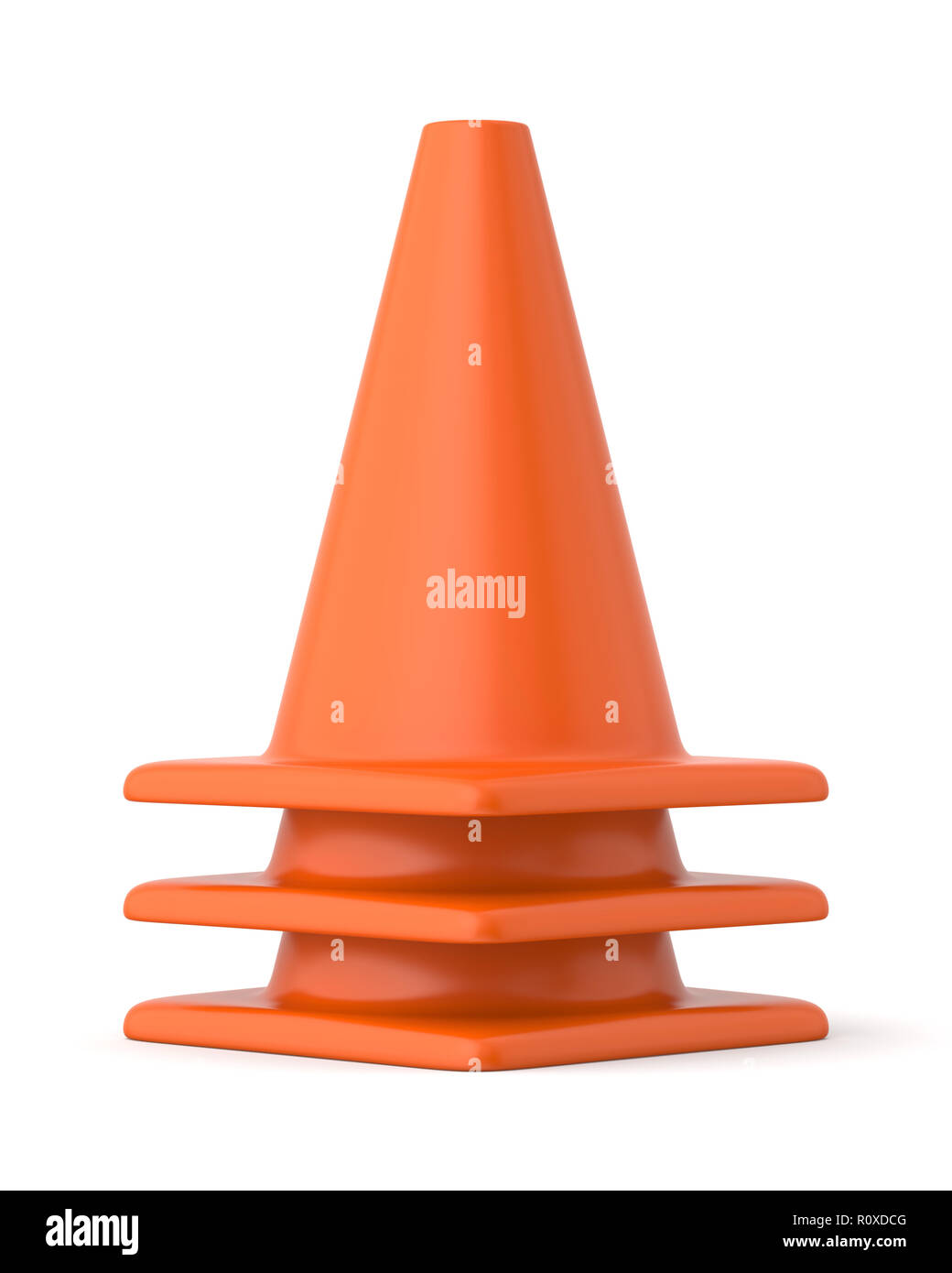 3d rendered stack of orange traffic cones on a white background. Stock Photo