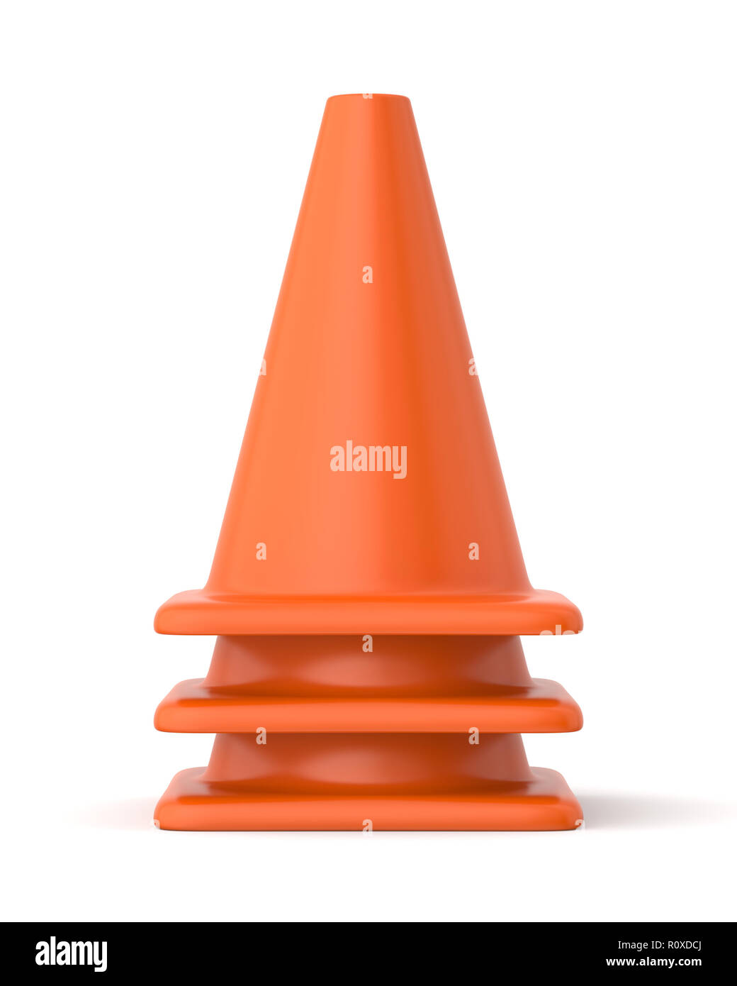 3d rendered stack of orange traffic cones on a white background. Stock Photo